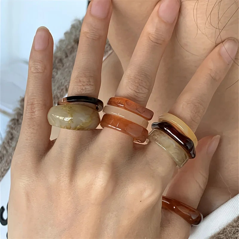 9-piece Bohemian retro style resin material multi-color ring, fashionable and elegant for women, can be stacked and worn